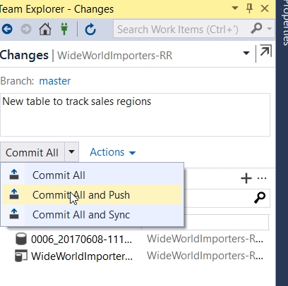 On the Changes tab, the Commit All drop-down menu displays, and the option to Commit All and Push is selected.